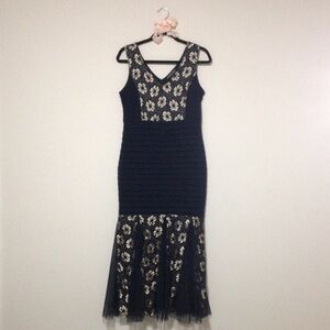 Cardalite Petite Navy Blue and Gold Floral Tulle Trumpet Mermaid Gown Dress
